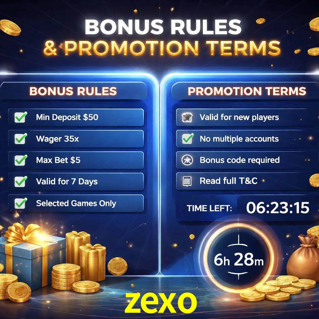 Reglas de promoción zexo y condiciones de bonos explicadas visualmente
