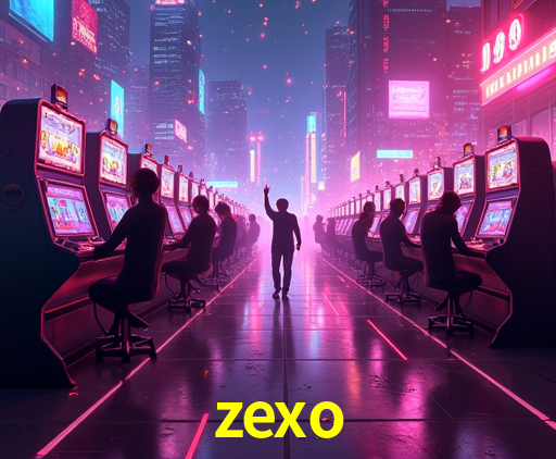 Una escena digital vívida inspirada en casino con zexo mostrado prominentemente, luces brillantes, fichas, cartas y acentos dorados.
