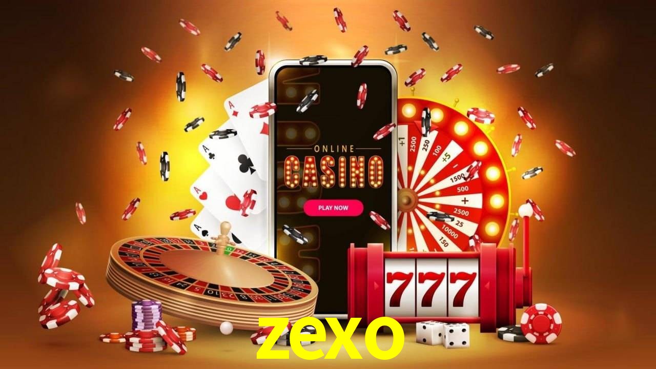 Escena dinámica inspirada en casino con iluminación zexo, cartas, fichas e íconos de juegos digitales en un espacio moderno de juegos.