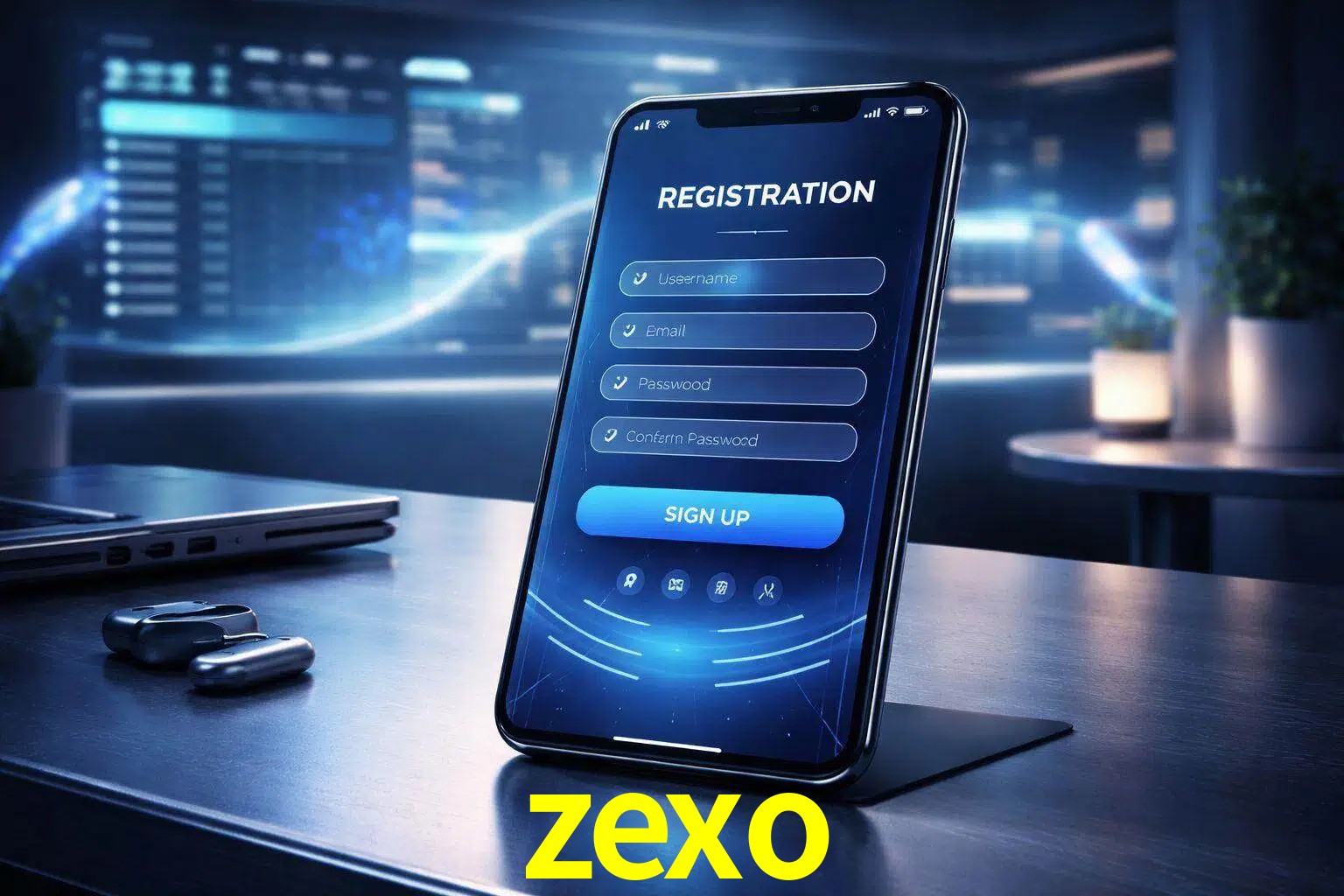 Una interfaz moderna de registro móvil para zexo mostrada en un smartphone con un panel de apuestas elegante.